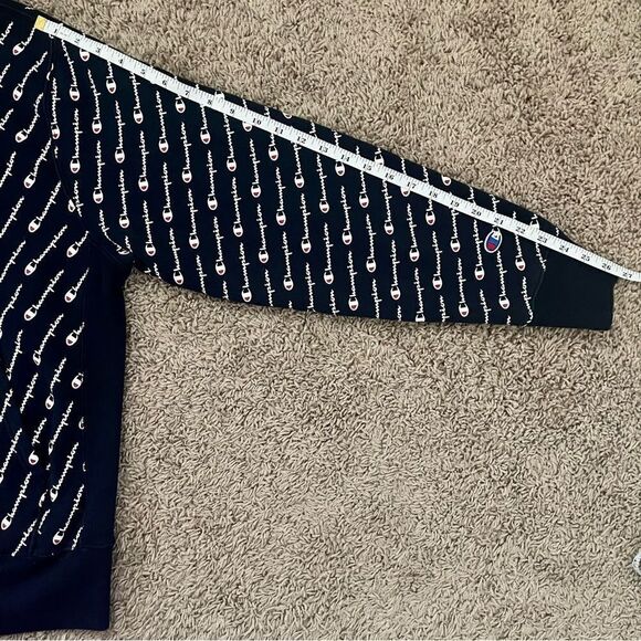 Champion Brand Blue Reverse Weave All Over Logo Print Hoodie Sweatshirt SZ M EUC - Picture 11 of 12